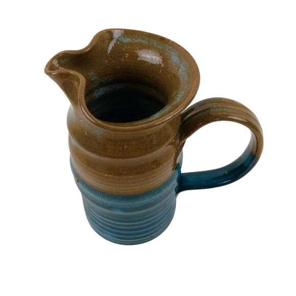 Art Studio Pottery Pitcher Blue Brown Color Block Handle Pour Spout Signed - Picture 2 of 10